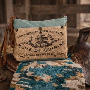 Burlap & Turquoise Graphic Wristlet Pouch